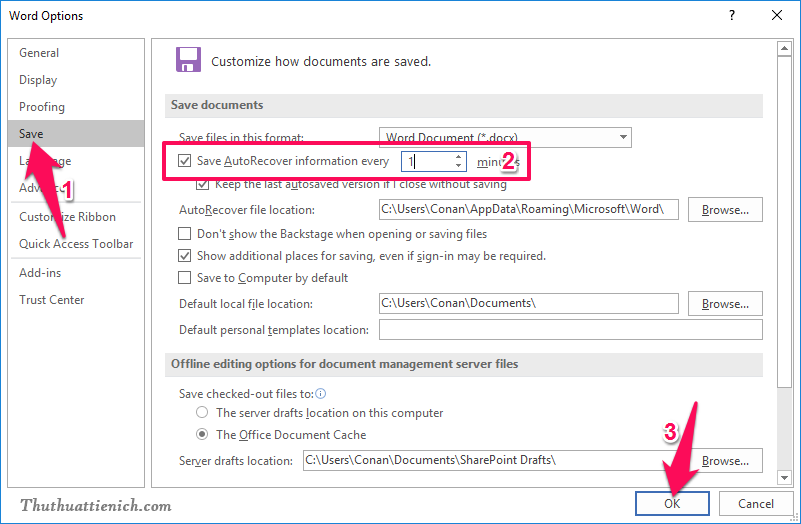 Thay đổi thời gian tự động lưu Auto Save trên Word, Excel, PowerPoint.
